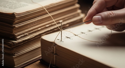 Hand Carefully Sewing Antique Book Binding with Needle and Thread