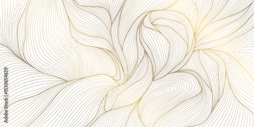 Vector line gold on white leaves, flower art, tea elegant pattern. Art deco, japanese floral luxury illustration. Wave jungle, tree branch summer motif.