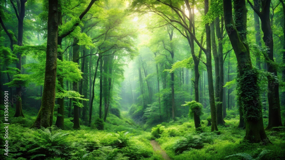 Obraz premium Dense green forest with towering trees and lush foliage