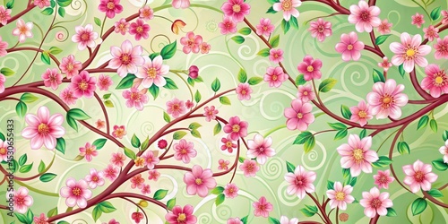 Colorful cherry blossom pattern wallpaper background with swirling branches and leaves