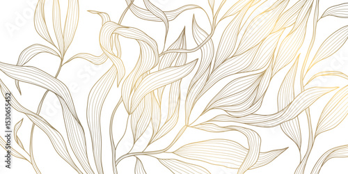 Vector line gold on white leaves, flower art, tea elegant pattern. Art deco, japanese floral luxury illustration. Wave jungle, tree branch summer motif.