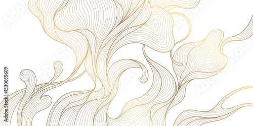 Vector line gold on white leaves, flower art, tea elegant pattern. Art deco, japanese floral luxury illustration. Wave jungle, tree branch summer motif.