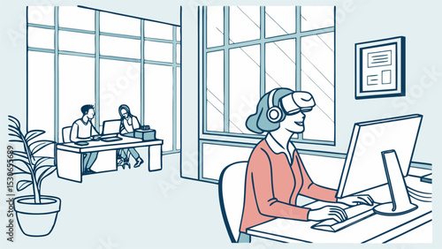 Woman using vr headset at desk with computer in office with coworkers and plant in the background drawing