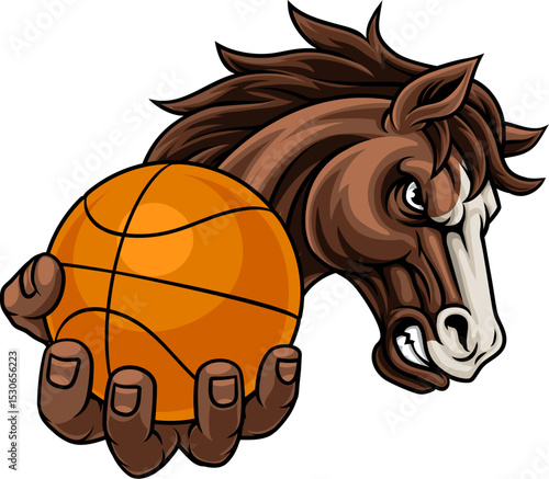 Horse mustang bronco stallion basketball angry sports team mascot holding a ball.