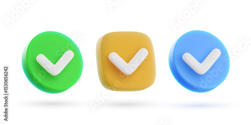 Set of 3d vector check mark icons in cartoon minimal style.