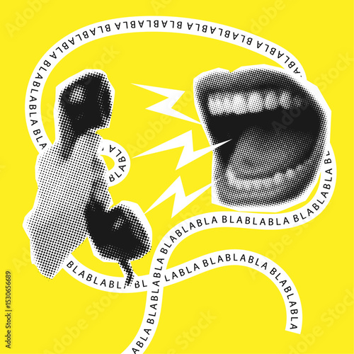 Halftone art collage mouth screams, human hand with a phone,human mouth screams with phrase bla on ribbon