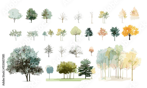Green painting of trees, vector illustration, watercolor tree set, tropical, oak, maple, poplar, stroke fill, side view elements, forest symbol, clipart for landscape use.