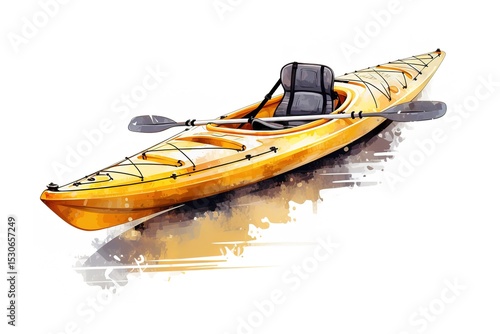 Watercolor illustration of a yellow kayak with paddle for outdoor recreation and adventure