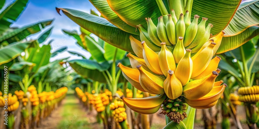 Fototapeta premium Colorful banana blossoms with large yellow and green petals emerging from a robust plant stem on a plantation field