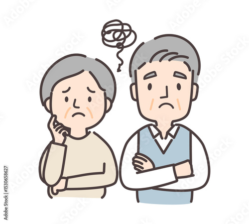 不安げに考える老夫婦のイラスト