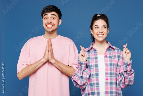 Φωτογραφία Young couple two friends family man woman they wear pink casual clothes together