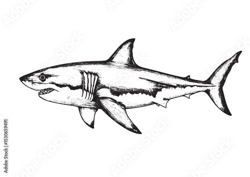 Great White Shark, engraving , hand drawing line art,  vector illustration, isolated on background