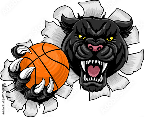 Black panther leopard or jaguar cat basketball sports team mascot holding a ball