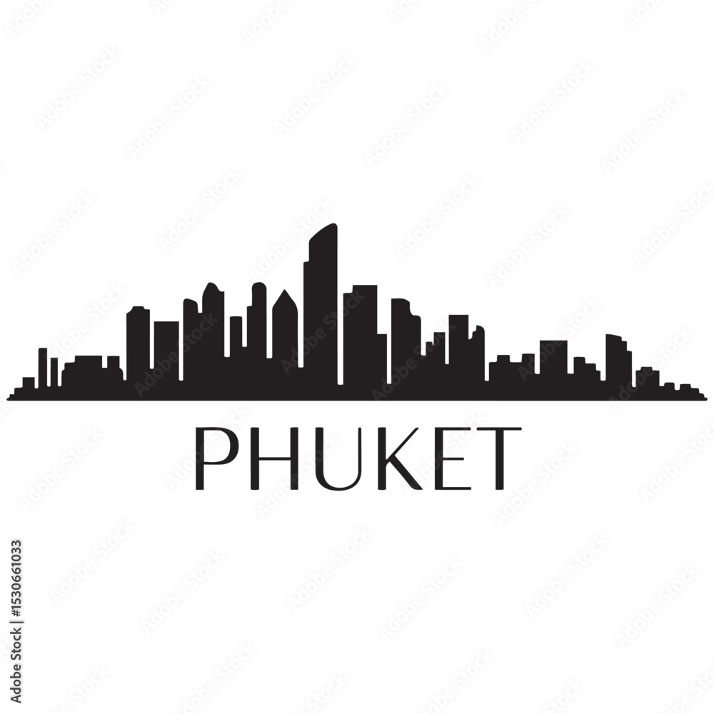 Panoramic View of Downtown Phuket Skyline. Phuket city black silhouette skyscrapers and buildings. Long cityscape. Vector black silhouette. with white background Panoramic View of Downtown Phuket Skyline. Phuket city black silhouette skyscrapers and buildings. Long cityscape. Vector black silhouette. with white background