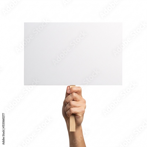 A hand holds a blank white placard on a wooden stick, creating space for a message,