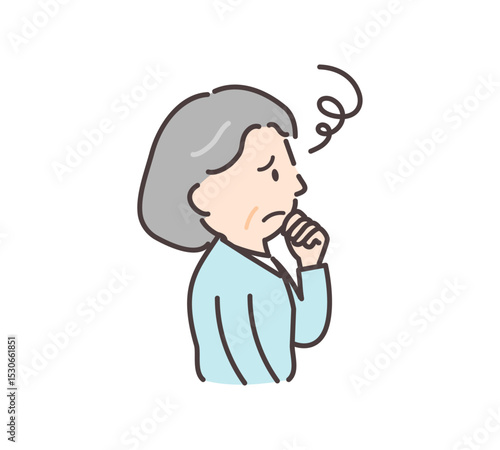 不安げな表情で横を向く高齢女性のイラスト