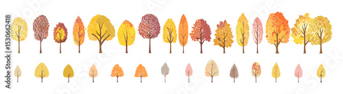 Tree line drawing side view set for landscape and architecture, autumn silhouette elements, fall forest outline, vector illustration, minimalist nature art, seasonal foliage design.