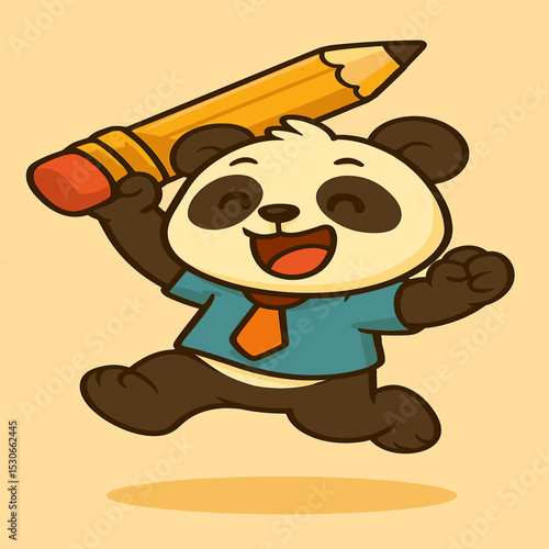 A happy panda excitedly jumps, holding a giant pencil like a sword, ready for school adventures, in a funky and cute cartoon-style illustration on a plain background.