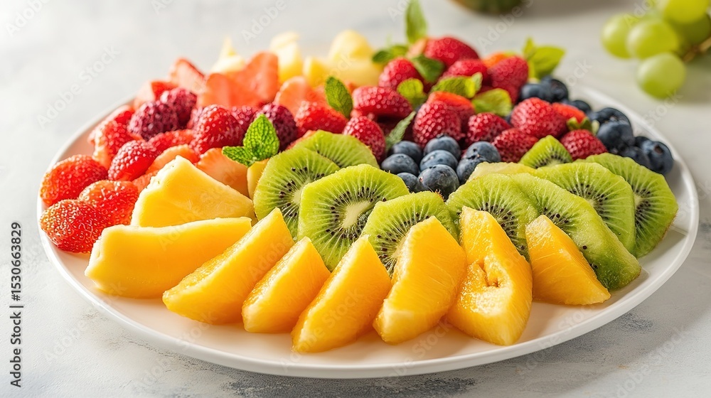 A colorful plate of fresh fruits including sliced mango, kiwi, strawberries, blueberries, and mint leaves arranged beautifully. A colorful plate of fresh fruits including sliced mango, kiwi, strawberries, blueberries, and mint leaves arranged beautifully.