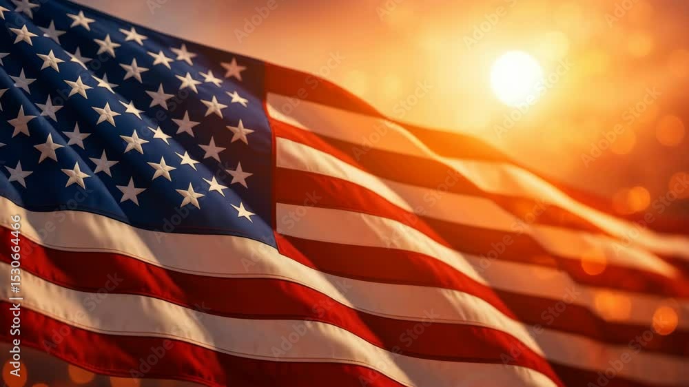 Low-angle video shot of the American flag waving against a vibrant sunset, creating a patriotic and inspiring atmosphere with warm tones. Live desktop wallpaper.