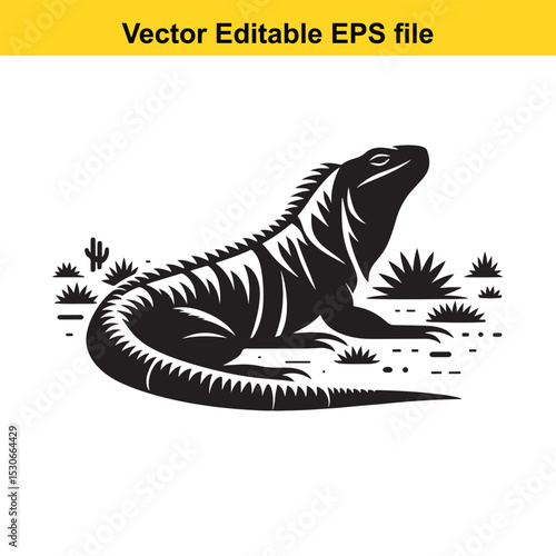 Black and white vector illustration of an iguana in a desert landscape