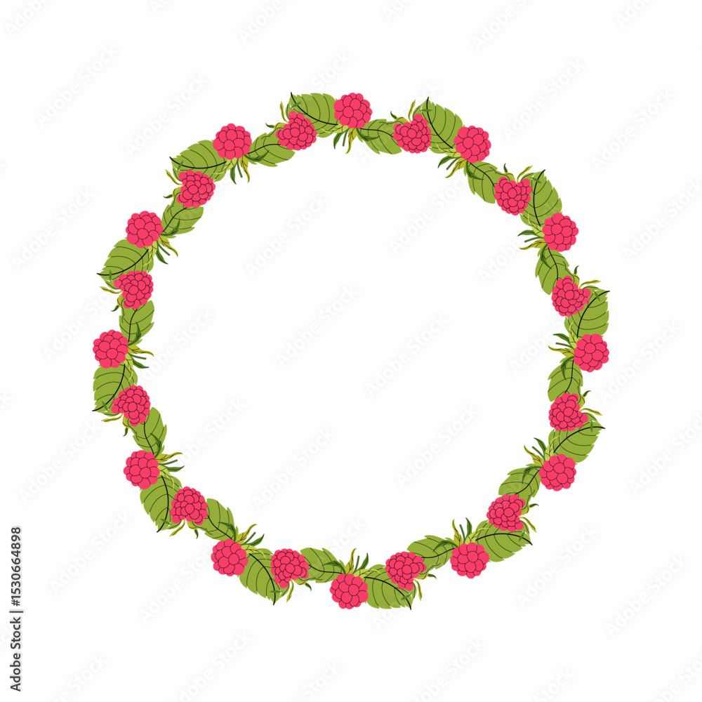 Summer floral wreath with raspberry and their foliage. Round frame of pink berries and leaves. Decoration element for cards and seasonal decor. Vector flat illustration. Summer floral wreath with raspberry and their foliage. Round frame of pink berries and leaves. Decoration element for cards and seasonal decor. Vector flat illustration.