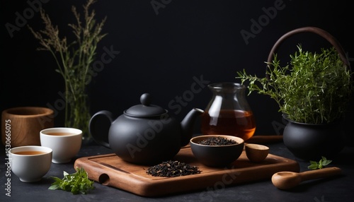 Wallpaper Mural Minimalist Black Tea Set with Organic Herbs and Wooden Utensils on Dark Background Torontodigital.ca