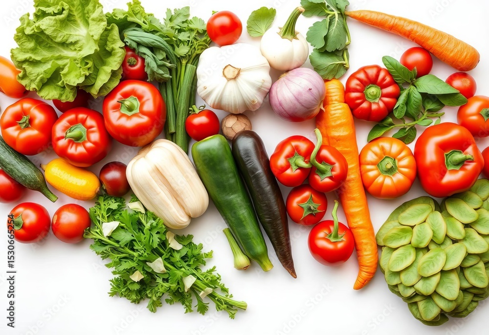 Vibrant assortment of fresh vegetables on pristine white background,  top view,  healthy