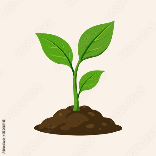 High-quality vector illustration of a vibrant green seedling emerging from rich brown soil, symbolizing growth, sustainability, and new beginnings. 