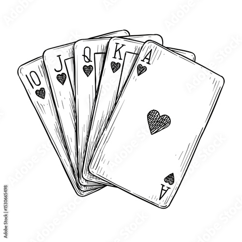 heart royal straight flush poker cards vector line art hand drawn illustration