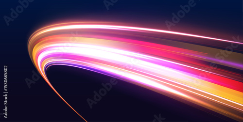 Neon color glowing lines background, high-speed light trails effect. Modern abstract high-speed light motion effect on black background. Light motion effect, slow shutter of traffic.	
