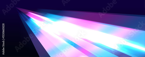 Neon beams speed down a dark road, creating a sense of endless movement. The vibrant colors and glowing lights emphasize the fast pace of modern technology.	