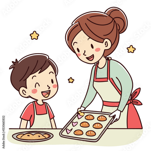 Happy mother and son baking delicious cookies together in the kitchen