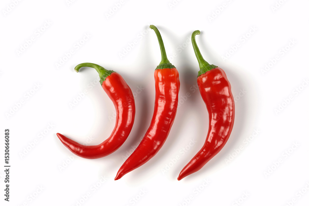 Three vibrant red chili peppers isolated on a white background, showcasing their glossy texture and vibrant color Three vibrant red chili peppers isolated on a white background, showcasing their glossy texture and vibrant color