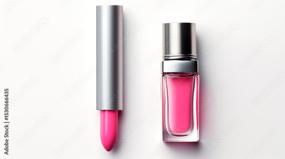 A small, vial-shaped perfume with a rollerball applicator, on a split of hot pink and cool gray. A small, vial-shaped perfume with a rollerball applicator, on a split of hot pink and cool gray.