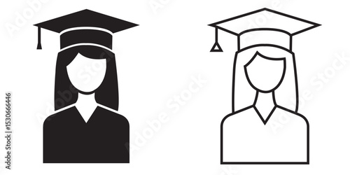Graduation icons featuring diverse designs of a female graduate with a cap and gown in a minimalistic style