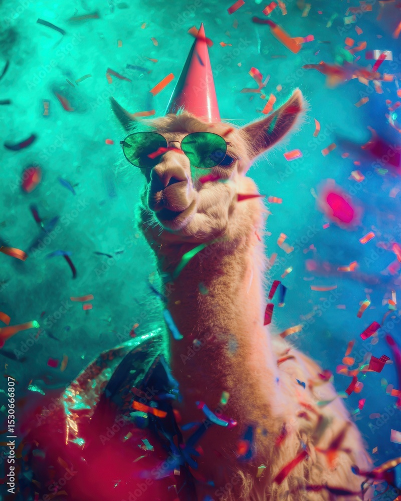 Obraz premium Playful National Blame Someone Else Day Llama in Party Hat with Confetti, Spring Festivity and April Fools Day Fun for Bright Seasonal Marketing