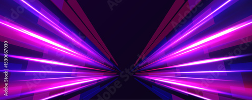 A glowing warp tunnel pulls you in, filled with vibrant neon lines and depth. Abstract perspective suggests high-speed travel. Sci-fi style immersion.