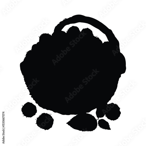 Overflowing raspberry basket silhouette isolated on white background