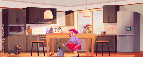 Cartoon kitchen scene with woman, dachshund walking and pot on floor - female character reacts while black dog moves near dropped cookware. Modern interior with furniture and equipment for cooking.