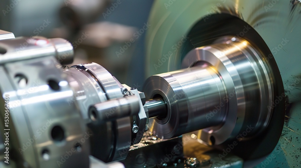 Close-up of a lathe turning operation showcasing a metal workpiece being shaped by a cutting tool, with chips flying and coolant spraying. The lathe's spindle rotates the workpiece while the tool hold Close-up of a lathe turning operation showcasing a metal workpiece being shaped by a cutting tool, with chips flying and coolant spraying. The lathe's spindle rotates the workpiece while the tool hold