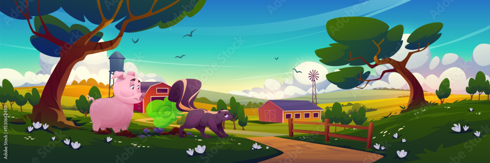 Fototapeta premium Cartoon pig meets skunk with green smell cloud on farm landscape - pink piggy faces dark creature emitting stench. Rural scene with barn, water tower, windmill, fields, flowers and humorous animal.