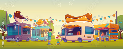 Cartoon food truck street festival scene with kids holding soda can to drink - friends enjoy beverage between colorful mobile vendors topped with coffee cup, ice cream and hot dog decorations.