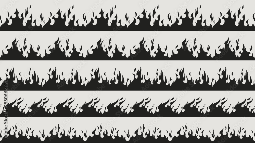 Obraz premium Fire border silhouette patterns - black flame shapes, burning edge design elements for hot graphics, decorative blaze strips with seamless repeat, danger warning symbols and inferno themed dividers.