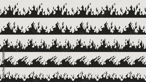 Fire border silhouette patterns - black flame shapes, burning edge design elements for hot graphics, decorative blaze strips with seamless repeat, danger warning symbols and inferno themed dividers.