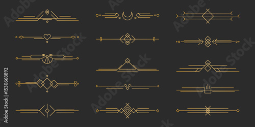 Golden art deco line dividers set - geometric ornamental borders with diamonds, triangles and decorative elements. Elegant vintage separators for luxury design, wedding invitations or premium branding