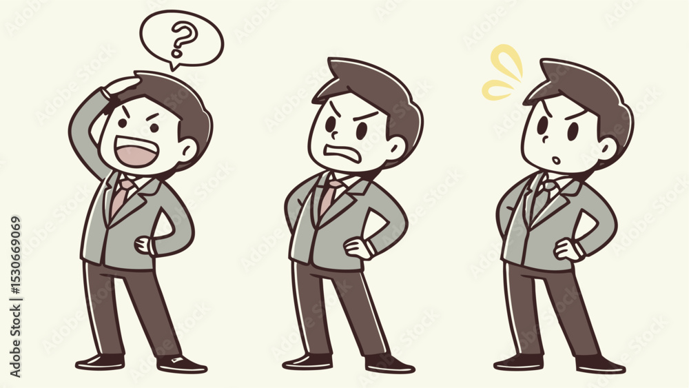 Three cartoon businessman characters showing different emotions and expressions in a light background Three cartoon businessman characters showing different emotions and expressions in a light background