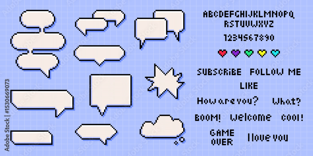 Obraz premium Pixel art speech bubble set with retro gaming phrases and font - dialog boxes, chat balloons, thought clouds with text. 8 bit communication elements for streaming overlay, social media, game interface