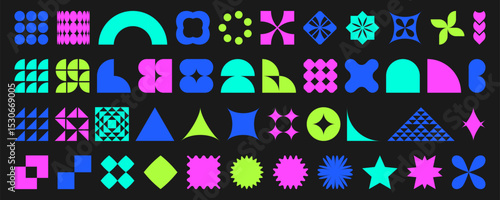 Brutalist geometric shape set - bold abstract forms and patterns in vibrant neon colors on black bg. Modern minimalist design elements for posters or web interfaces. Contemporary digital art assets