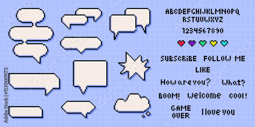 Pixel art speech bubble set with retro gaming phrases and font - dialog boxes, chat balloons, thought clouds with text. 8 bit communication elements for streaming overlay, social media, game interface